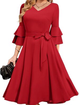 Women's Plus Size 3/4th Bell Sleeves Bridesmaid Dresses （Red）