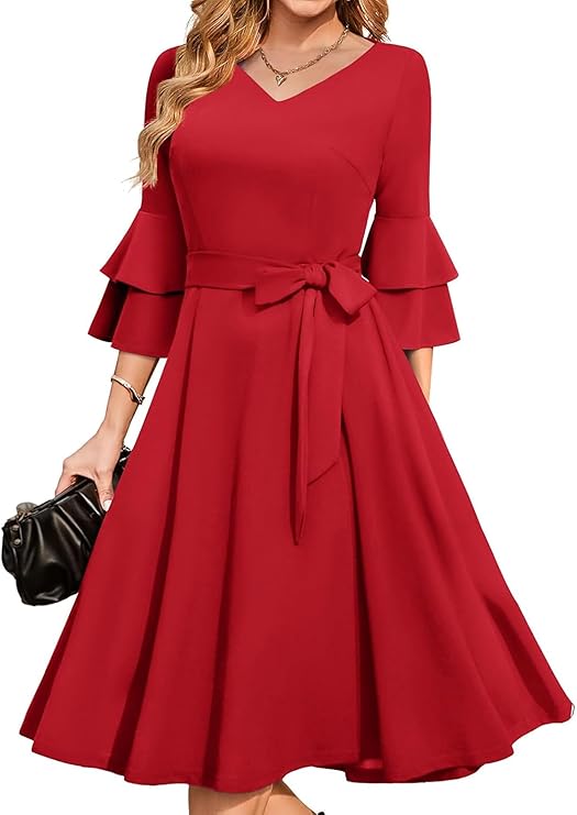 Women's Plus Size 3/4th Bell Sleeves Bridesmaid Dresses (Red)