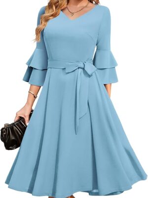 Women's Plus Size 3/4th Bell Sleeves Bridesmaid Dresses （Sky Blue）