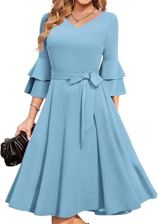 Women's Plus Size 3/4th Bell Sleeves Bridesmaid Dresses (Sky Blue)