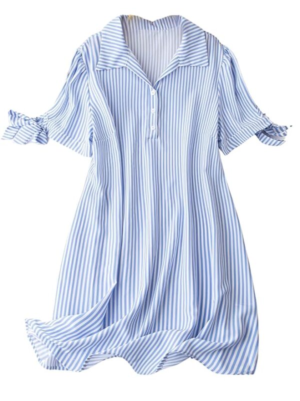 Striped Shirt Style Mini Dress for Women | Collared Casual A-Line | Tunic with Tie Sleeves & Front Buttons (SKY BLUE)
