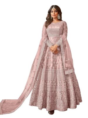 Women's Net Semi Stitched Gown Top With Satin Silk Fabric Bottom & Net Dupatta Embroidered Anarkali Dress(Purple)