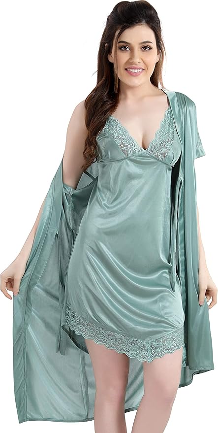Fashion Hub Women Polyester Short Kimono Robes for Bridesmaids Silk Nightgown and Lace Cami Sleepwear with Robe, Pista, Free Size