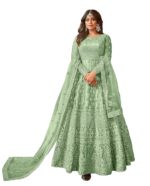 Women's Net Semi Stitched Gown Top With Satin Silk Fabric Bottom & Net Dupatta Embroidered Anarkali Dress(Green)