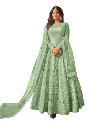 Women's Net Semi Stitched Gown Top With Satin Silk Fabric Bottom & Net Dupatta Embroidered Anarkali Dress(Green)