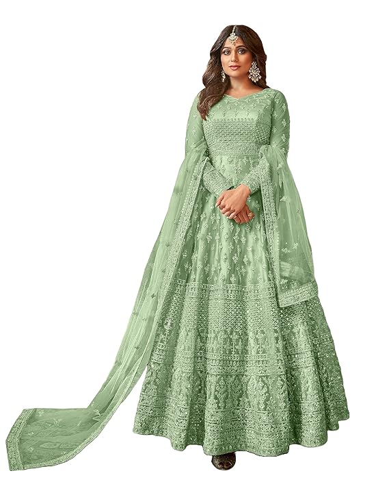 Women's Net Semi Stitched Gown Top With Satin Silk Fabric Bottom & Net Dupatta Embroidered Anarkali Dress(Green)