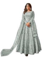 Women's Net Semi Stitched Gown Top With Satin Silk Fabric Bottom & Net Dupatta Embroidered Anarkali Dress(Grey)