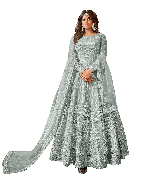 Women's Net Semi Stitched Gown Top With Satin Silk Fabric Bottom & Net Dupatta Embroidered Anarkali Dress(Grey)