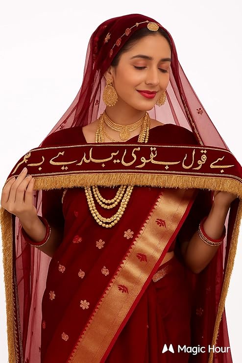Maroon Bridal Dupatta for Women | "Kubul Hai" Embroidered Net Dupatta with Golden Lace Border | Shaadi Nikah Chunni | Heavy Wedding Veil (2.25m)