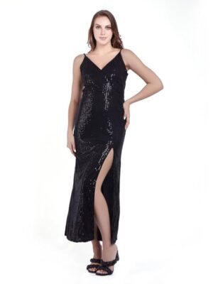 Black Sequin Evening Dress V-Neck Spaghetti Straps Maxi Split Gown | Women Sleeveless Side Slit Black Sequin Dress