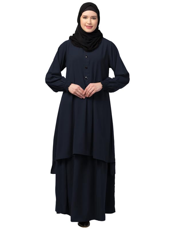 Two Pieces Abaya Dress with Elasticated Sleeves made with Nida Matte Fabric - Knee length Burqa (Navy Blue)