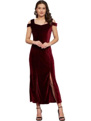 Bodycon Party Dress for Women with Double Slit Cut | Shiny Velvet Fabric Cold Shoulder Stylish Outfit( Maroon)