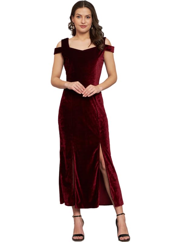 Bodycon Party Dress for Women with Double Slit Cut | Shiny Velvet Fabric Cold Shoulder Stylish Outfit( Maroon)