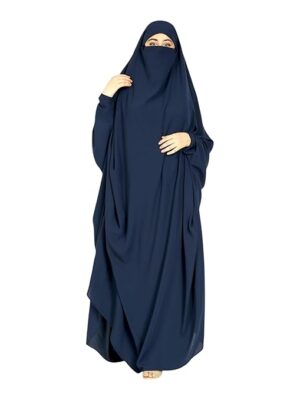 Dual Layer Abaya Dress with attached Shrug Made with Nida Matte Fabric with Side Pockets(Navy Blue)