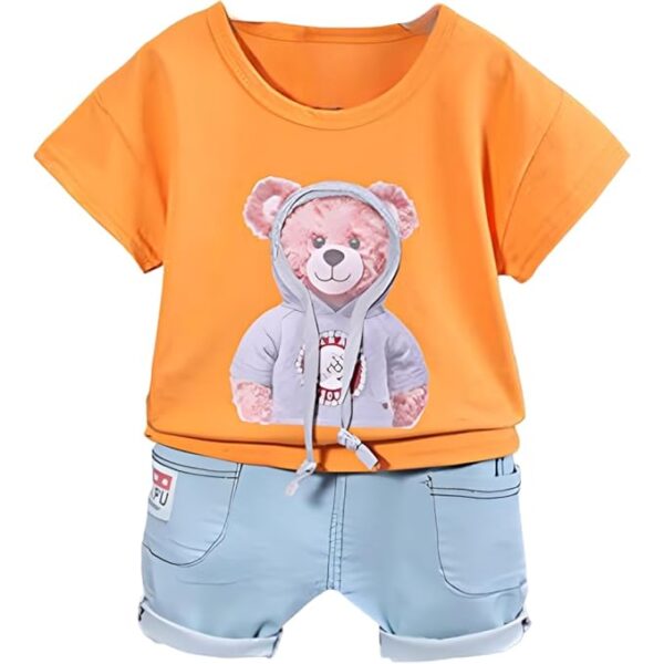 Boy's Cotton Teddy Printed T-Shirt With Shorts In Orange Color