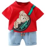 Boy's Cotton Printed T-shirt with Denim Shorts Set in Red Color