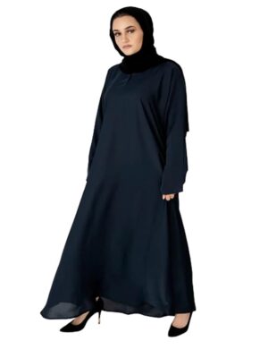 Plain Normal Muslim Women Islamic Dress Abaya Poly Silk Solid Abaya With Hijab(Navy Blue)