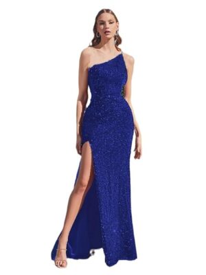 Sexy Blue Sequin Long Sleeveless Prom Side Split Slim One-Shoulder Gown Cocktail Party Dress for Women