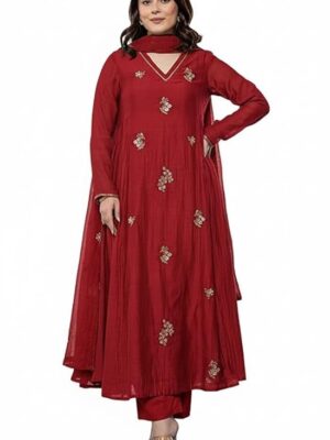 Women Embroidery Solid Anarkali Kurta and Pant Set with Dupatta(Red)