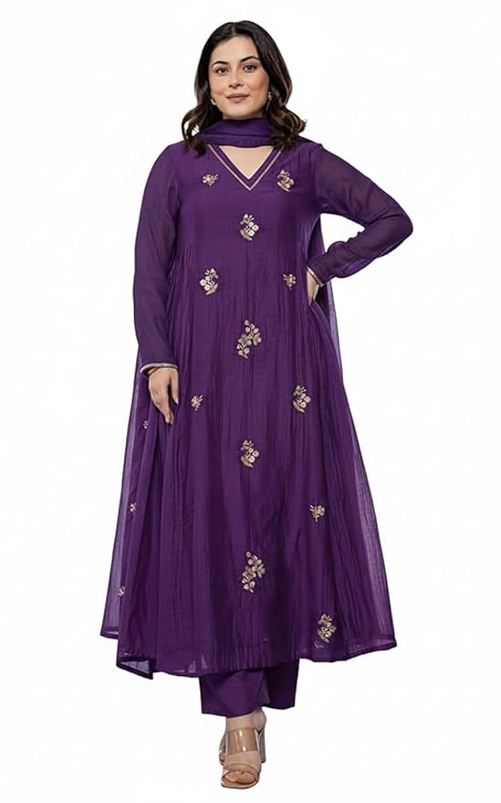 Women Embroidery Solid Anarkali Kurta and Pant Set with Dupatta(Purple)