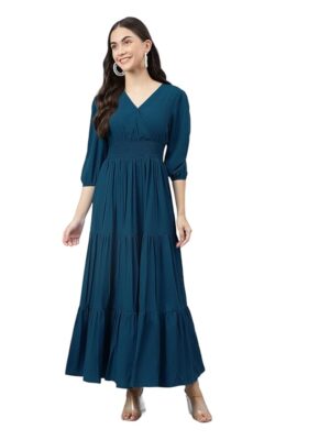 Women's Fit and Flare Maxi Dress Rayon 3/4 Sleeve Solid V-Neck Evening Dress(Blue)