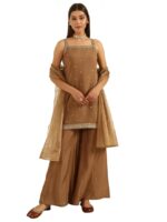 Women's Brown Viscose Chanderi  Straight Kurta with Palazzo and Dupatta