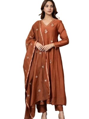 Women Embroidery Solid Anarkali Kurta and Pant Set with Dupatta(Orange)