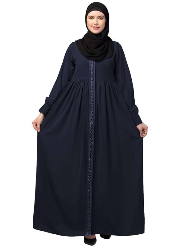 Women's Front Open Abaya Dress with Lace Work at front and on Sleeves- Fashionable Burqa (Navy Blue)