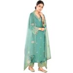 Women's Silk Blend Embroidered Salwar Suit Set | Straight Length Kurta and Elastic Waistband Closure Solid Pant with Dupatta(Blue)