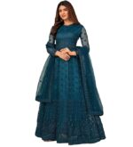 Women's Net Embroidered Semi-Stitched Gown  Gown-New(Teal Blue)