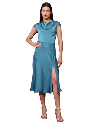 Women’s Cowl Neck Silk Blend Dress(Blue)