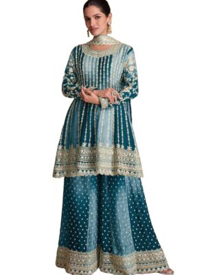 Dual Tone Strip Chinon Heavy Embroidered Stitched Sharara Suit Set With Dupatta(Blue)