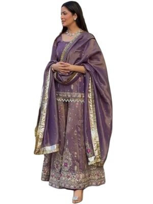 Purple Net Embroidered Sharara Suit with Dupatta | Ethic | Dress | Wedding | Party | Comfortable