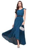 Women's Powder Blue V-Neck Ruffled Sleeve Solid Embellished Maxi Dress(Royal Blue)