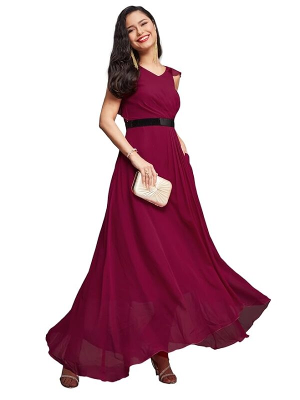 Women's Powder Blue V-Neck Ruffled Sleeve Solid Embellished Maxi Dress( Dark Pink)