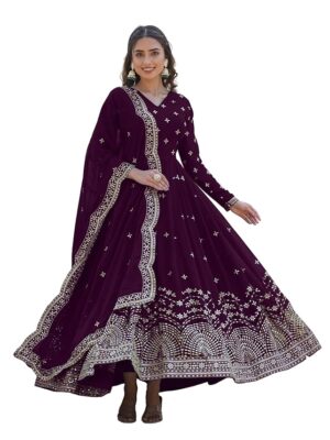 Faux Georgette Sequins Anarkali Dress for Women(Purple)