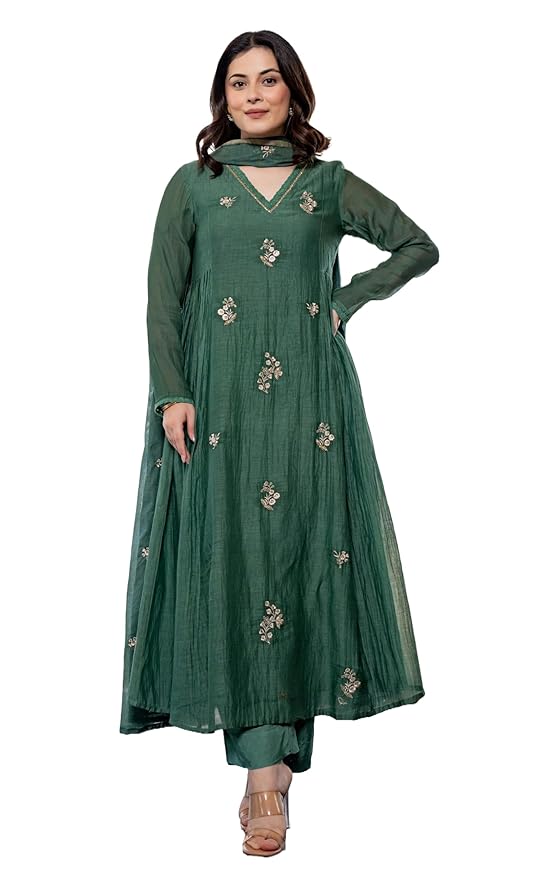 Women Embroidery Solid Anarkali Kurta and Pant Set with Dupatta(Green)