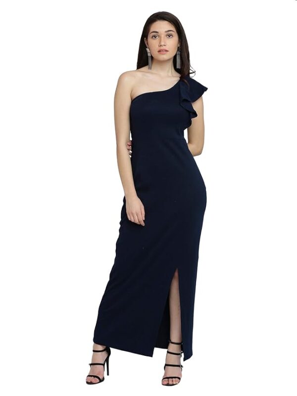 Women's Solid One Shoulder Sleeveless Ruffled Maxi Dress( Navy Blue)