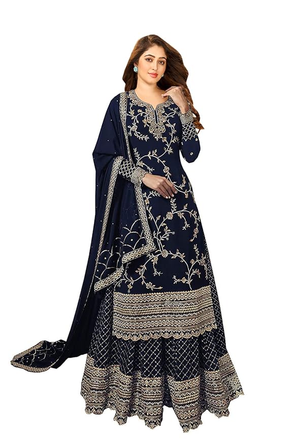 Women's Faux Georgette Semi-Stitched Top With Stitched Bottom and Dupatta Embroidered Straight Kurta Dress Material(Blue)