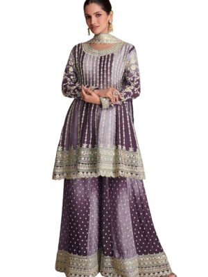 Dual Tone Strip Chinon Heavy Embroidered Stitched Sharara Suit Set With Dupatta(Purple)