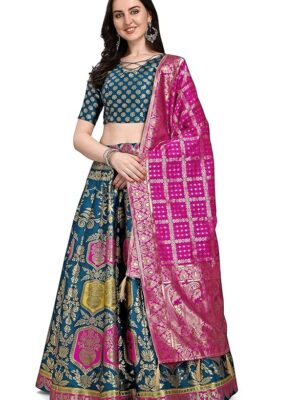 Women's Jacquard Semi-Stitched Lehenga Choli(Teal Blue)