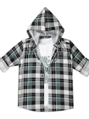 Boys Cotton Full Sleeves Checks Hooded Shirt with T-Shirt